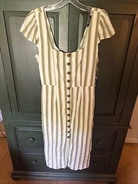 Trixxi Green and White Striped Midi Dress with Front Buttons